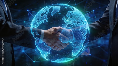 Global business partnership and international cooperation concept featuring digital handshake over glowing earth globe, symbolizing worldwide network connection, technology