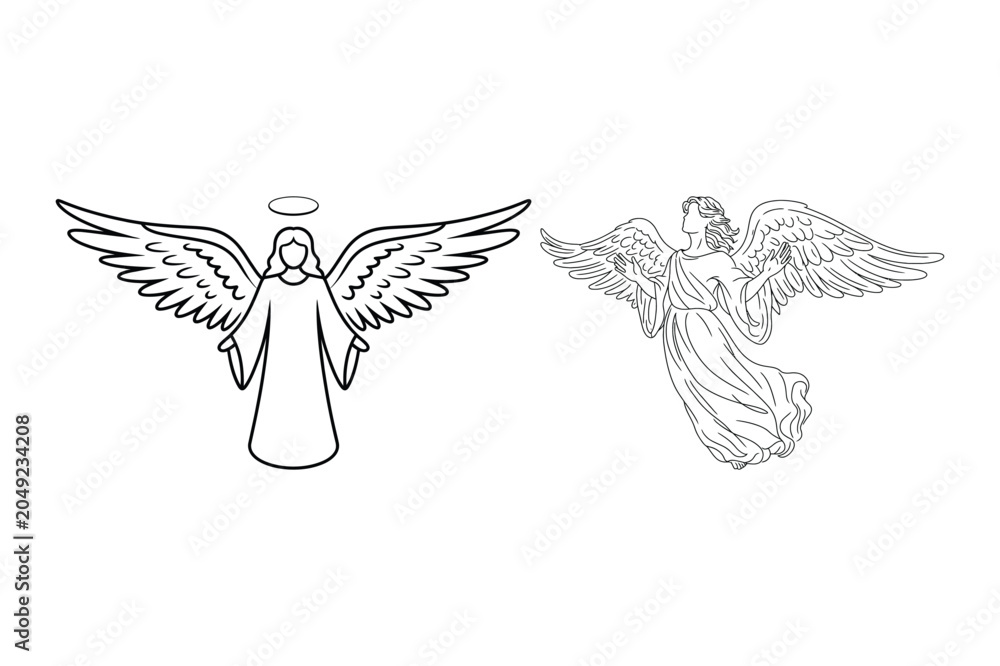 Naklejka premium Two styles of angel illustrations with halo and feathered wings celestial religion