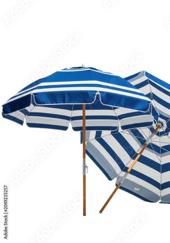 Two cerulean blue and white striped nautical umbrellas, ultra-detailed canvas fabric and polished wooden poles, isolated on a seamless high-key white background. Concept for vacation utility