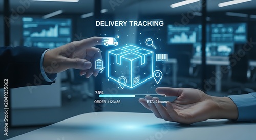 Professional interacting with holographic delivery box and tracking icons for logistics.