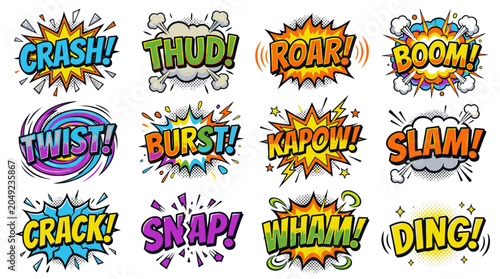 Action comic sound effect bubbles including crash thud and roar.