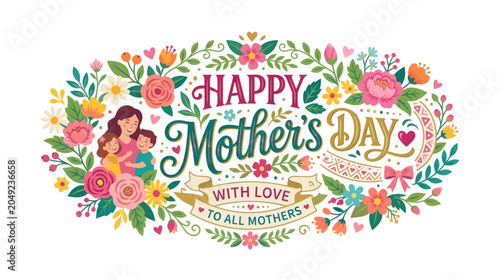 Photos Happy Mother's Day floral greeting card with mother and child