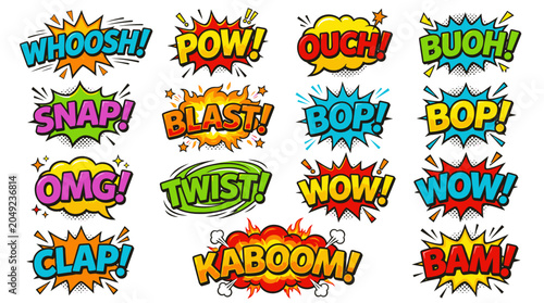 Action-packed comic sound effects and kaboom speech bubbles.