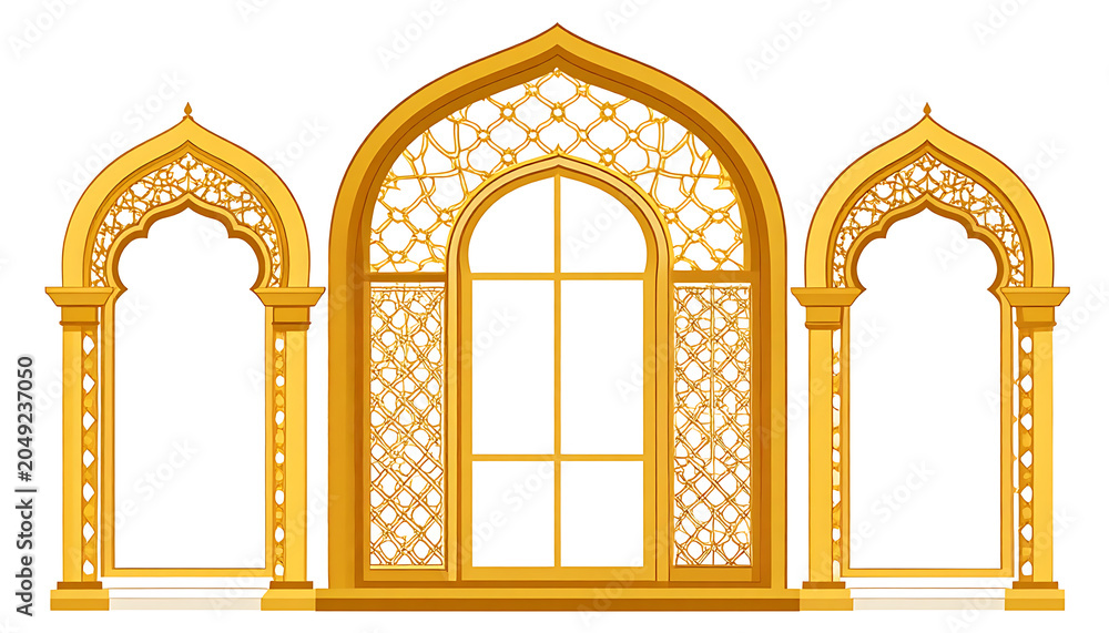 Obraz premium Ornate golden arched doorway and window with intricate geometric patterns, traditional Islamic architecture elements