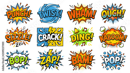 Action-packed comic book sound effects and pop art bubbles.