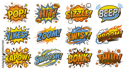 Action-packed comic book sound effects and speech bubble collection.