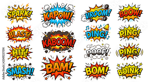 Action-packed comic book sound effects bubbles grid.