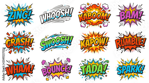 Action packed comic book sound effects graphic set.