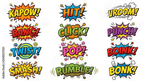 Action-packed comic book sound effects graphic set.