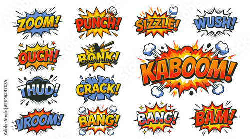 Action-packed comic book sound effects and speech clouds.