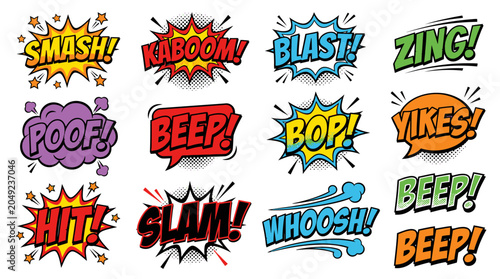 Action-packed comic book sound effects including Smash and Kaboom.