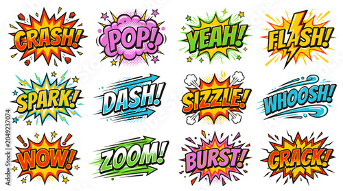 Action-packed comic book sound effects in colorful pop art style.