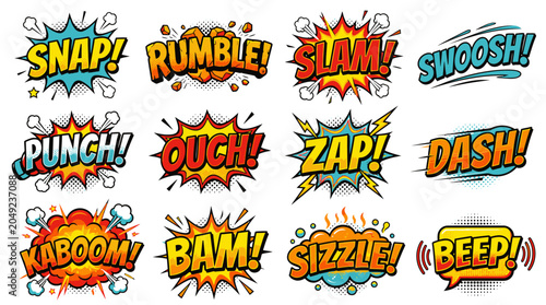 Action-packed comic book sound effects in colorful bubble set.