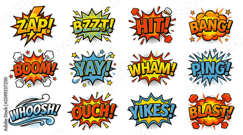 Action packed comic book sound effects on white background.