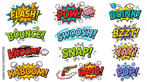 Action-packed comic book sound effects sticker set.