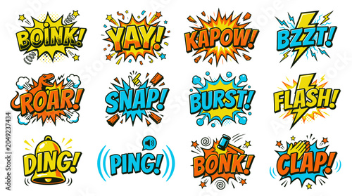 Action-packed comic book style sound effect speech bubbles.