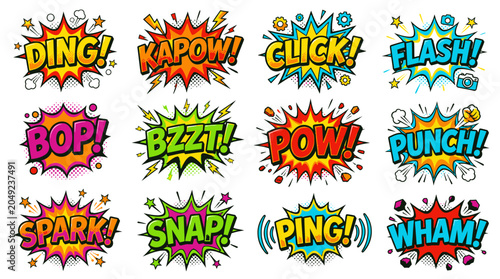 Action packed comic book words and explosion speech bubbles.