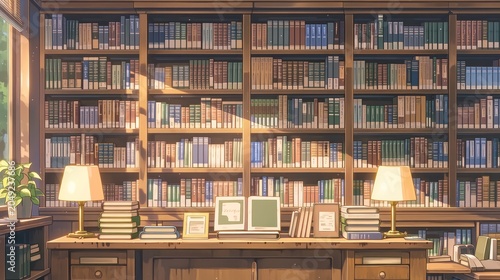 cozy library corner with books and lamps