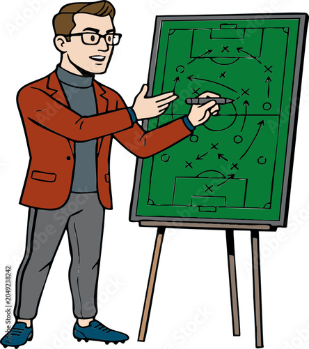 Football Coach Drawing Tactical Strategy on Coaching Board