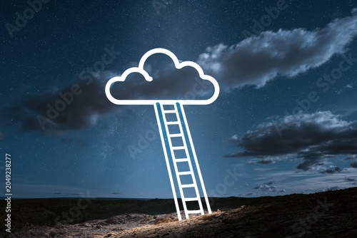 A surreal night sky filled with stars above a desert landscape, featuring a cloud and ladder concept
