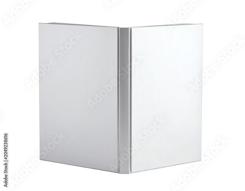 A pristine, blank, white, upright standing open hardcover book or binder, revealing its clean covers and spine, ideal for design mockups, custom branding, and content  