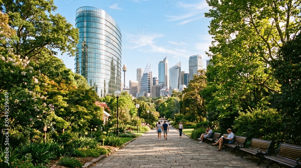 Obraz premium A scenic paved path through Sydney Royal Botanic Garden leading toward a striking metropolitan skyline under blue skies.