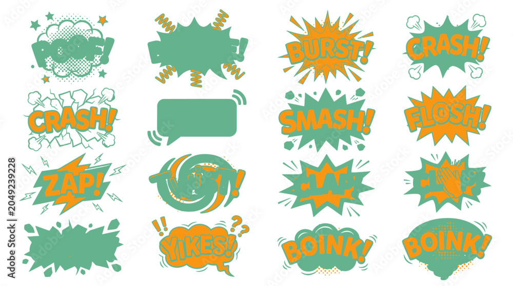 Naklejka premium Collection of pastel colored comic book explosion bubbles and shapes.