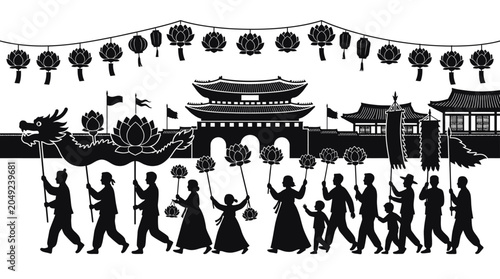 Foto A silhouette illustration of a traditional Korean festival parade with people carrying lanterns and a dragon