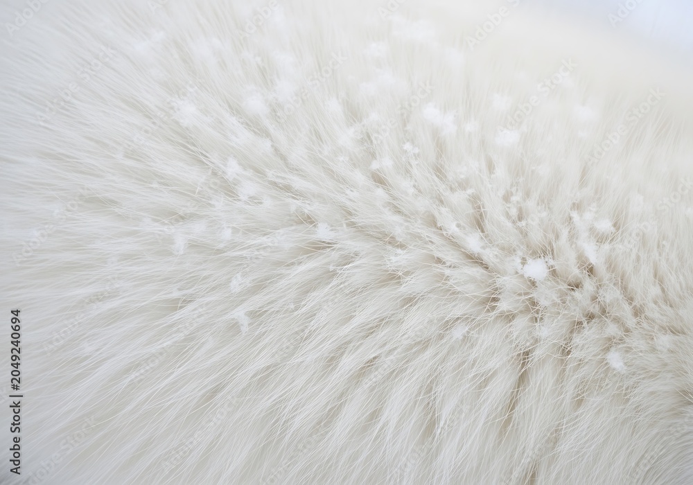 Fototapeta premium White Fur Texture with Snow. Close-up of Soft Animal Hair, Winter Background
