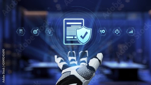 A robotic hand showcases a digital security document surrounded by technology symbols, representing the intersection of automation and data protection in a modern workspace. Synapse