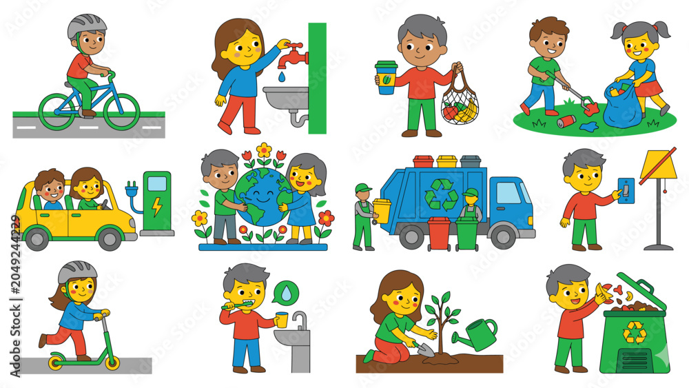 Fototapeta premium Daily habits for sustainable living showing people doing eco friendly actions in daily life.