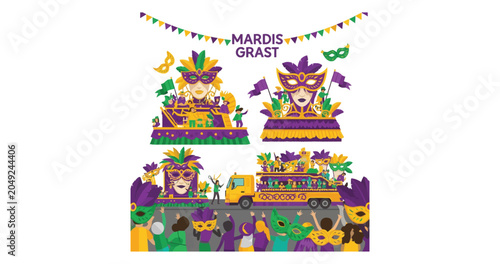 Vibrant Mardi Gras parade scenes with creative floats festive masks costumed revelers and music notes celebrating a joyous street party occasion capturing the spirit of carnival and communal
