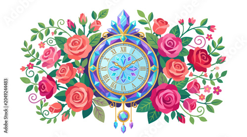 Foto Enchanted Rose Clock with Crystals and Gemstones - Vintage Timepiece Floral Bord