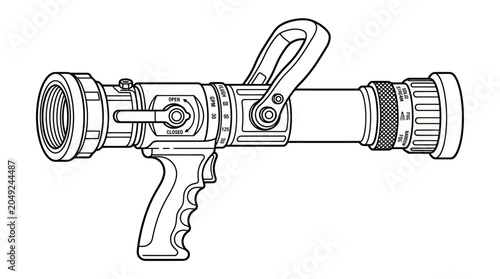 Fotografi Firefighter Hose Nozzle, Adjustable Spray Pattern, Line Art Illustration