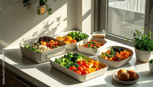 A sunny kitchen counter with various dishes and plants
