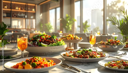 A table set with various dishes and glasses in a restaurant