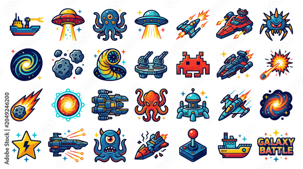 Naklejka premium Pixel Art Space Icons: UFOs, Aliens, Spaceships, Planets, and Galaxy Battle