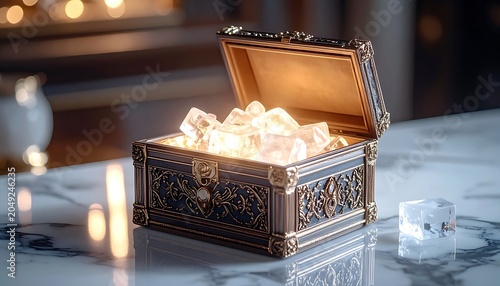 A treasure chest filled with glowing jewels on a marble table