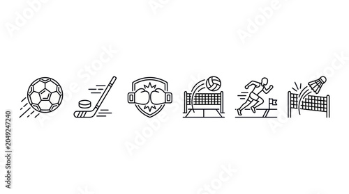 Photography Sports Icons: Soccer, Hockey, Boxing, Volleyball, Running, Badminton - Line Art