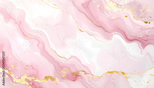 流れるようなピンクと白の大理石テクスチャ / Flowing pink and white marble texture with gold accents (Generative AI)