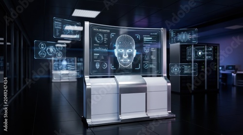 Biometric face recognition system with holographic display in high tech interior