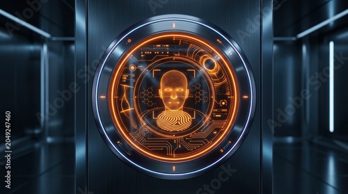 Abstract digital interface with a humanoid figure inside a futuristic portal