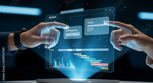 Professional manipulating holographic Kanban and Gantt charts for project management.