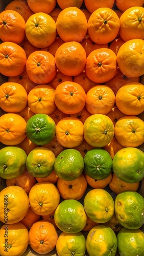 A vibrant and colorful display of oranges and green fruits