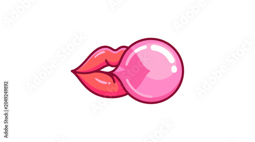 Woman blowing pink bubble gum with red lips, isolated on white background.