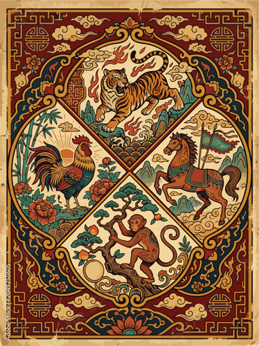 Billede på lærred Intricate chinese zodiac illustration featuring a powerful tiger a proud rooster