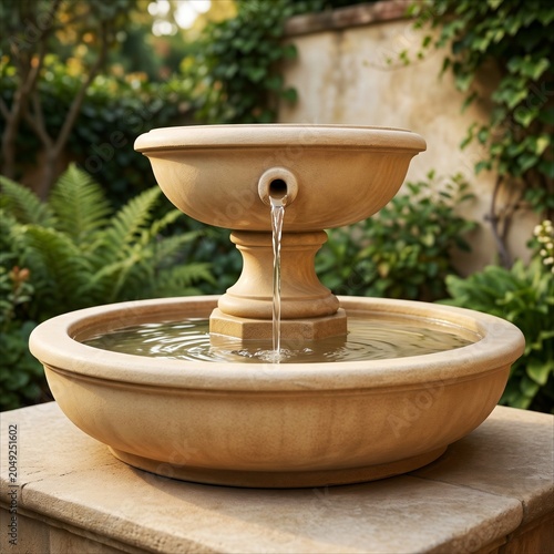 Elegant Stone Tiered Garden Fountain Water Feature. Classic stone fountain flows with water in a lush green garden setting