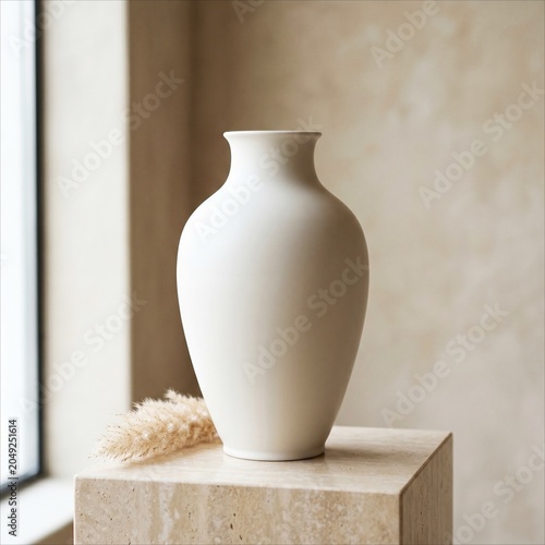 Elegant White Ceramic Vase on Stone Pedestal Stand. Minimalist interior decor with white vase and dried pampas grass stem