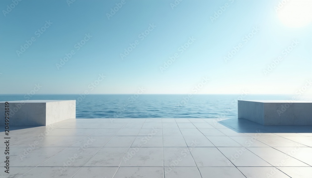 Fototapeta premium Minimalist scene with concrete blocks and tiled floor facing calm blue ocean under clear sky. Sunny day at seaside. Peaceful marine backdrop.