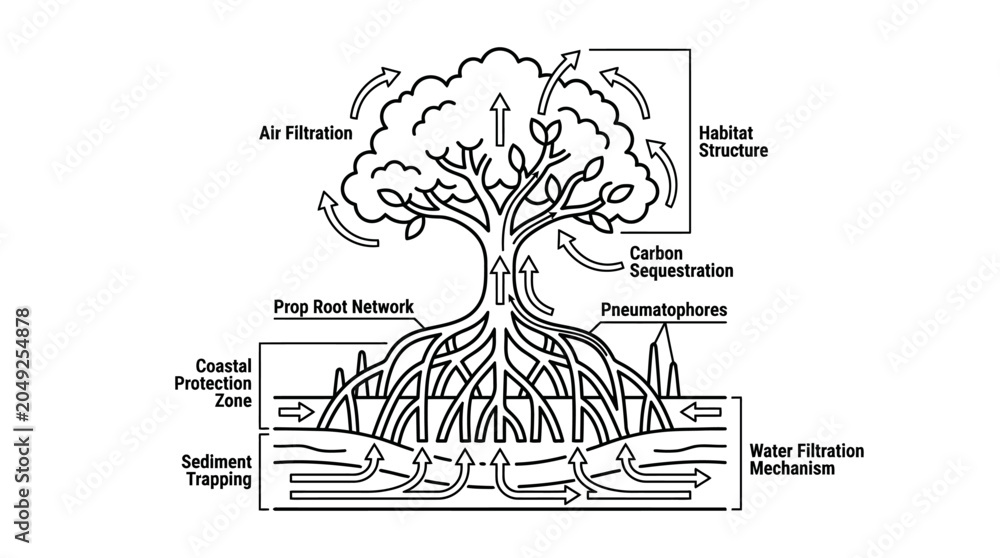 Naklejka premium Mangrove tree ecological functions schematic with root network details